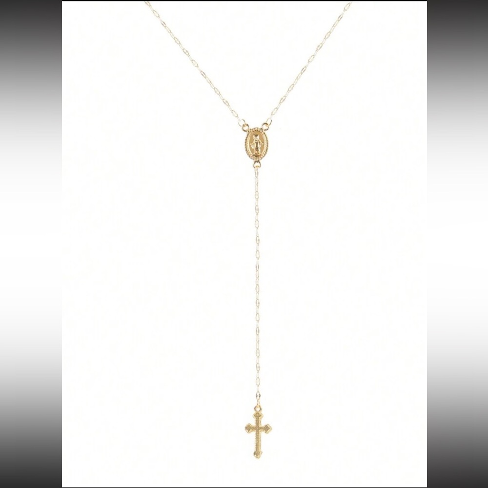 NWT Gold Tone Rosary Virgin Mary Miraculous Cross Pendant Lariat Chain Necklace